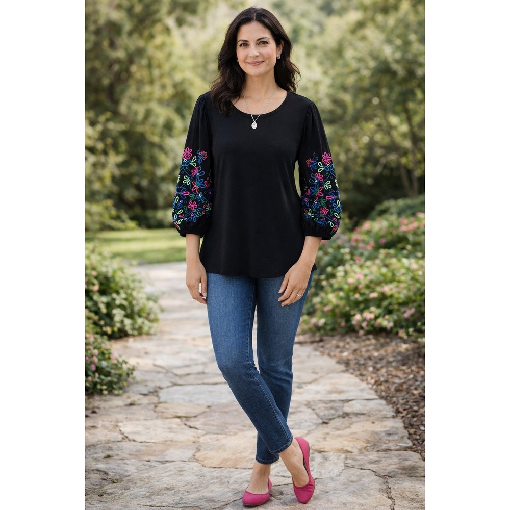 Chicos‎ Embroidered Eyelet Puff Sleeve Top Black Pima Cotton Modal 1 M